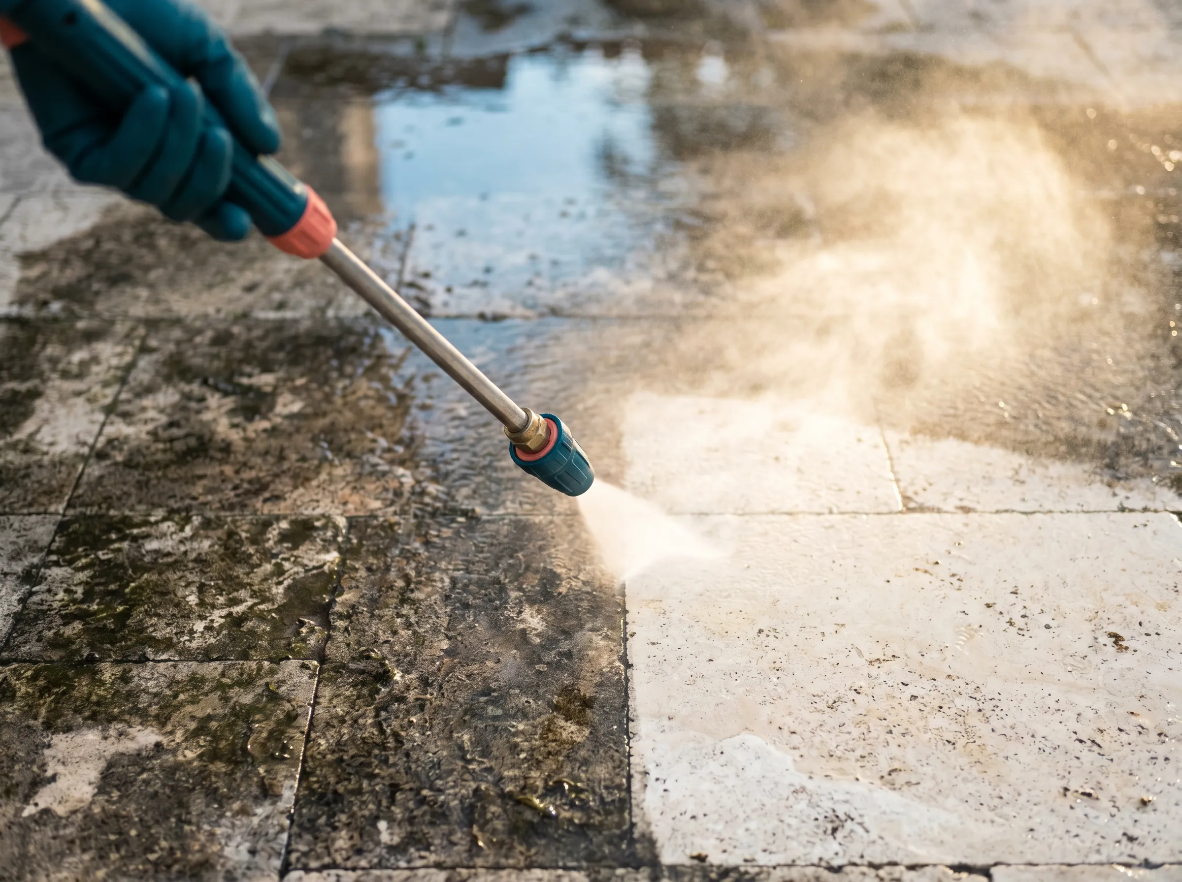 Pressure washing revealing a clean stripe across a grimy stone surface