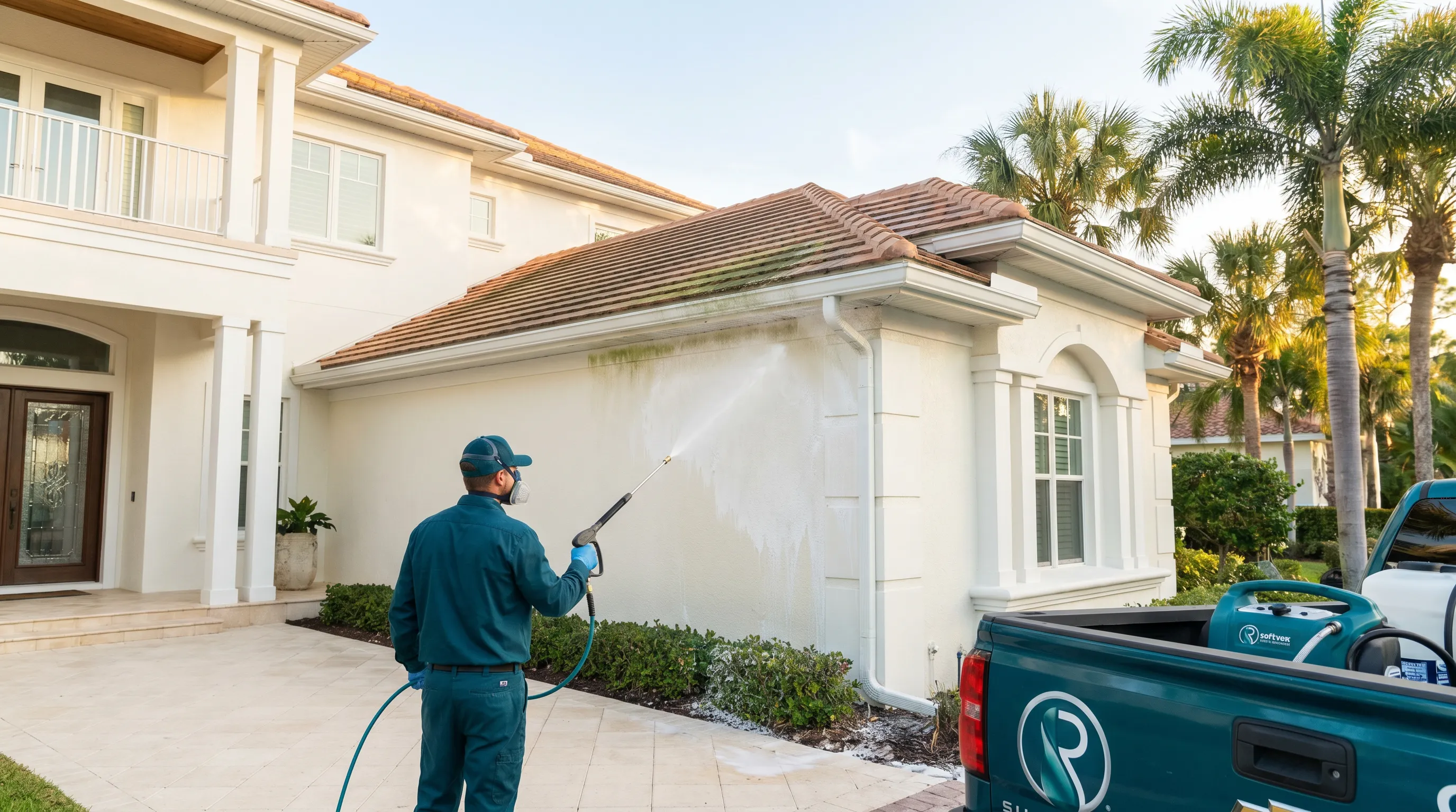 Soft washing a luxury home exterior on Casey Key