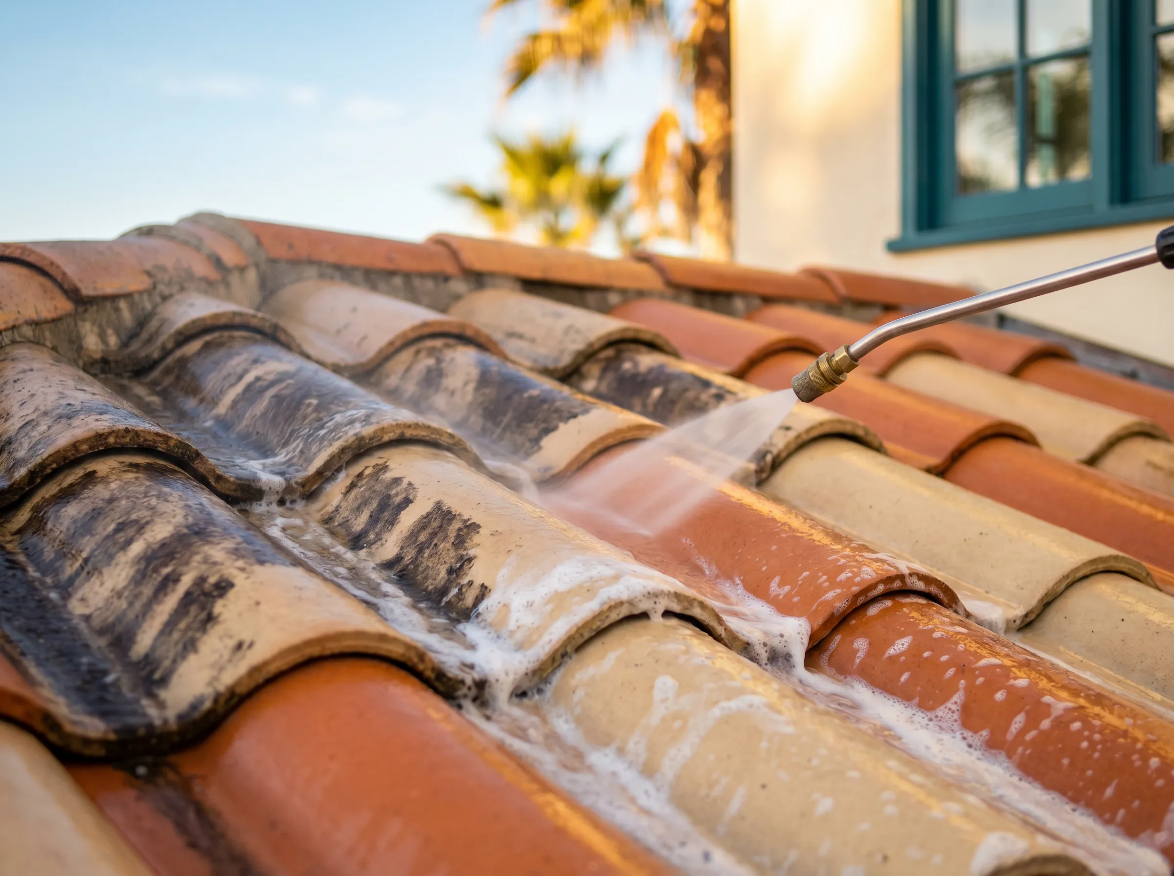 A roof being soft washed, algae streaks lifting away from the tiles