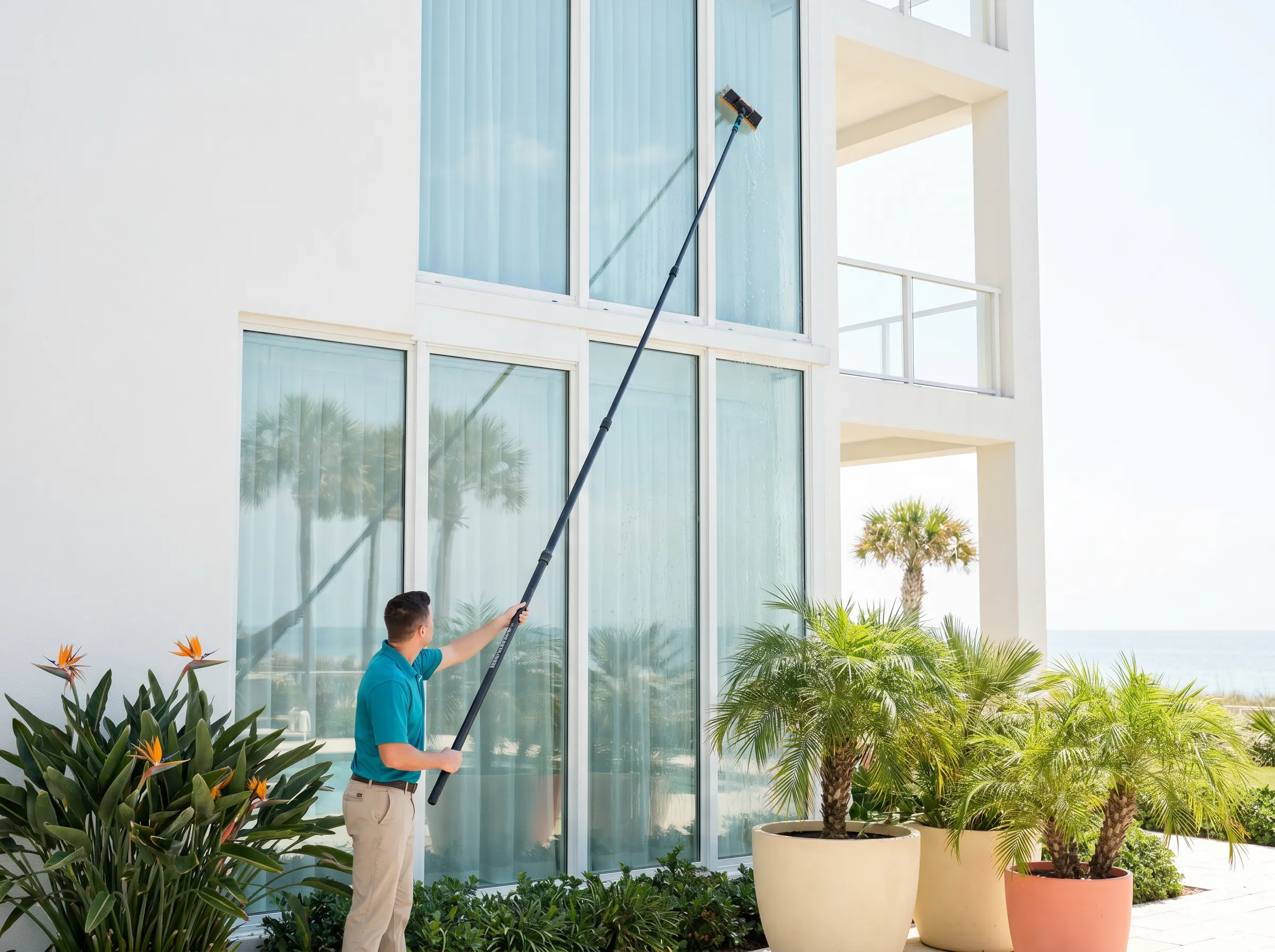 A pure-water pole cleaning tall exterior windows on a coastal home